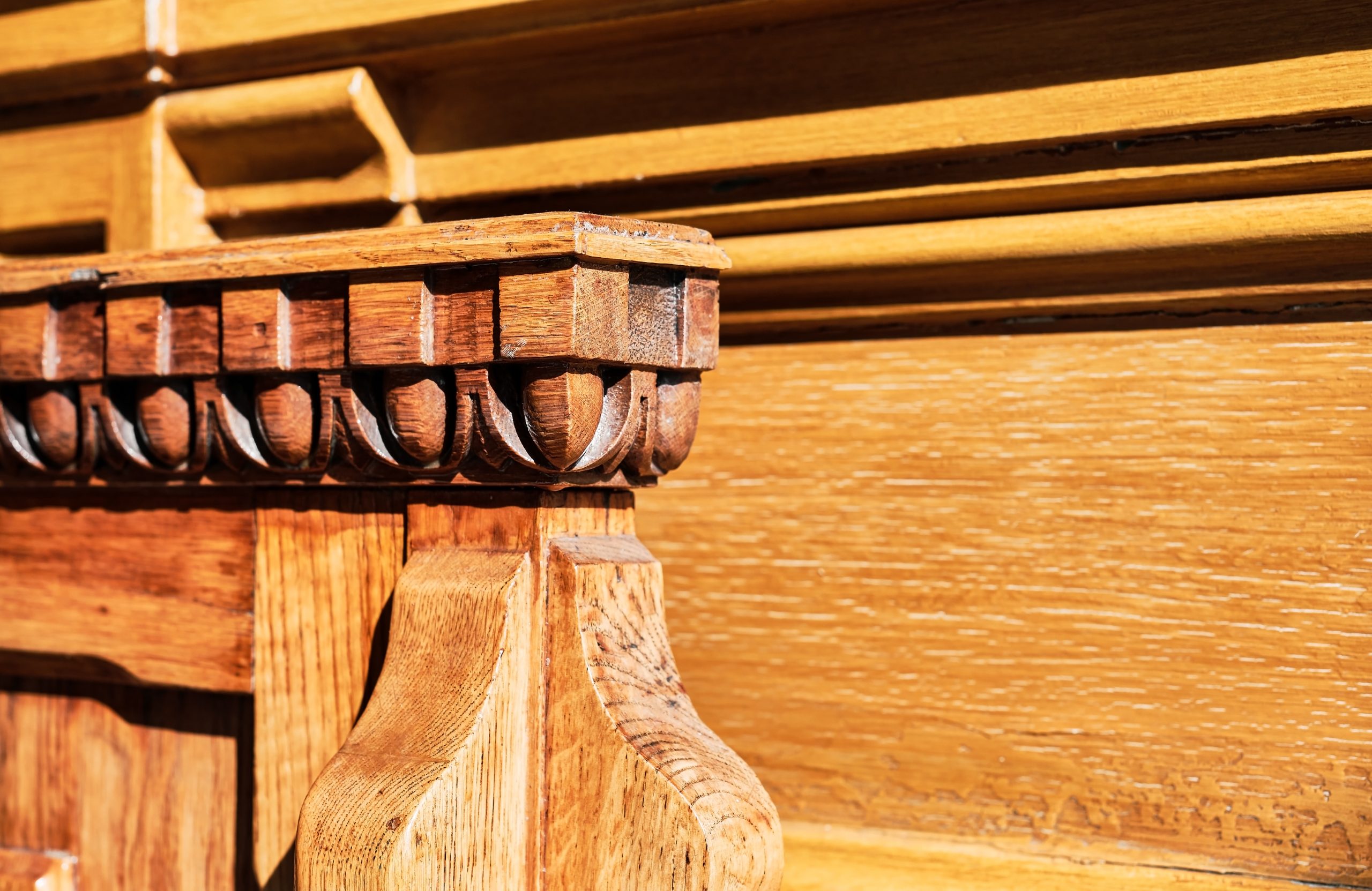 Details of classic oak furniture, close-up of an old sofa in a classic office, interior design concept, space for text